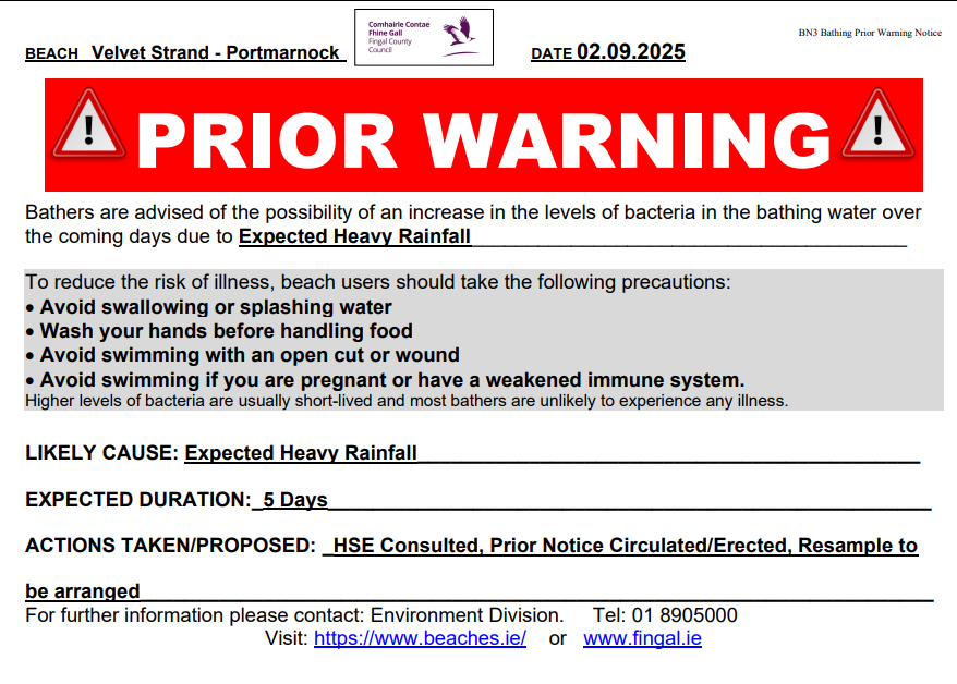 Portmarnock Prior Warning Notice 3rd Sept