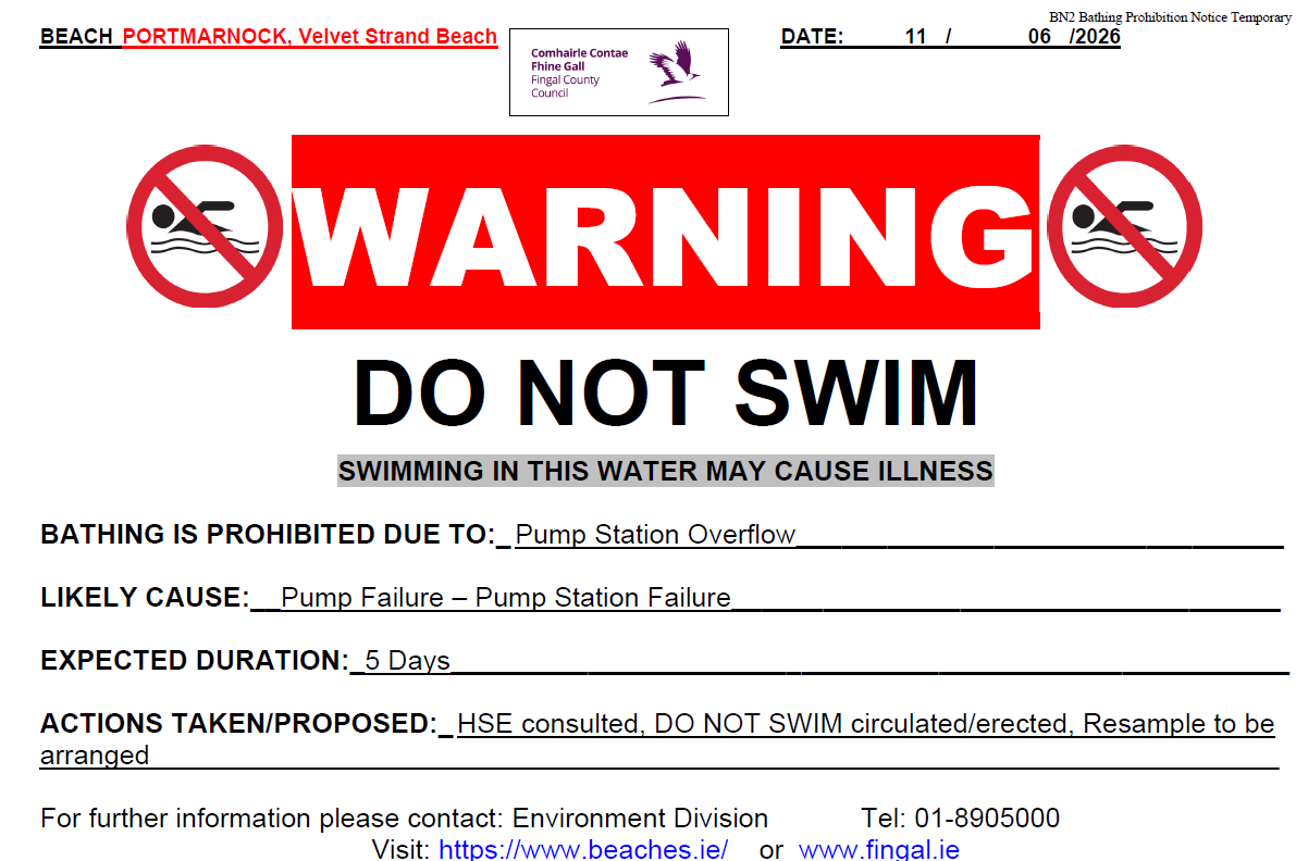 Do Not Swim in place for Portmarnock - June 2026