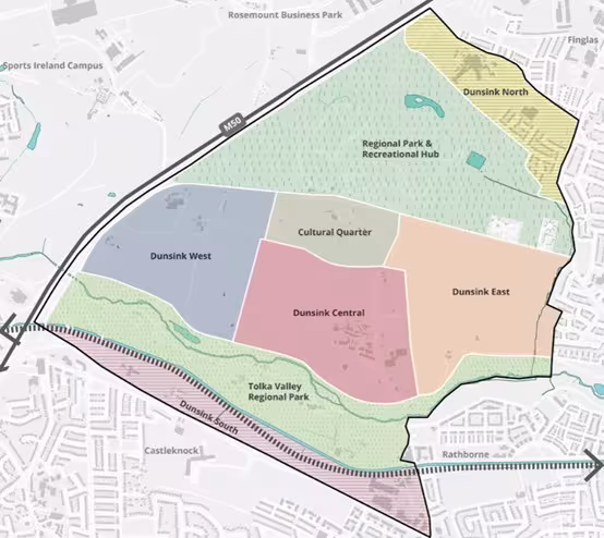 The proposed “Dunsink City Quarter” is centred around eight development areas including three residential neighbourhoods: Dunsink East, Dunsink Central, and Dunsink West. A Cultural Quarter as well as a new Regional Park and Recreational Hub are also included.