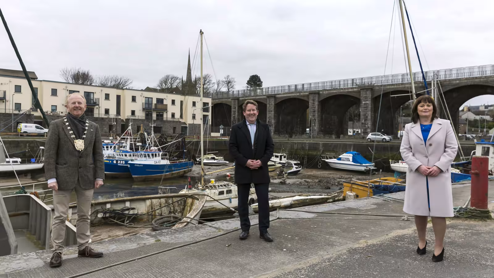 Mayor of Fingal Cllr David Healy, Minister for Housing, Local Government and Heritage, Darragh O’Brien TD, and Fingal County Council Chief Executive AnnMarie Farrelly at today's announcement that €25.4m has been awarded under the Urban Regeneration Development Fund (URDF) for projects associated with the rejuvenation of Balbriggan.