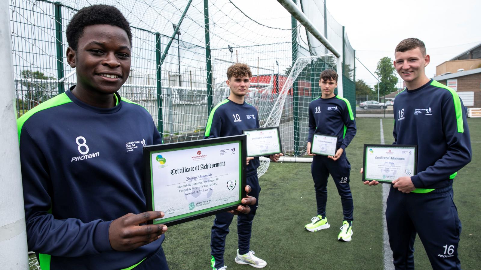 Belguy Manzambi, Kevin Zeffi, Justin Ferizoj and Sean Molloy pictured with their Certificates after graduating from Football and Fitness Course run by Fingal County Council and the Football Association of Ireland in Corduff Sports Centre.